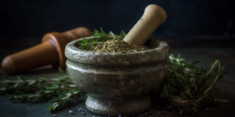 توابل أعشاب طازجة في وعاء خشبي ريفي تم إنشاؤها بواسطة الذكاء الاصطناعي