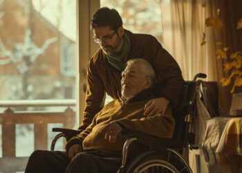 goede jonge man helpt oude man in Marokko