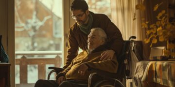 good young man helping old man in Morocco