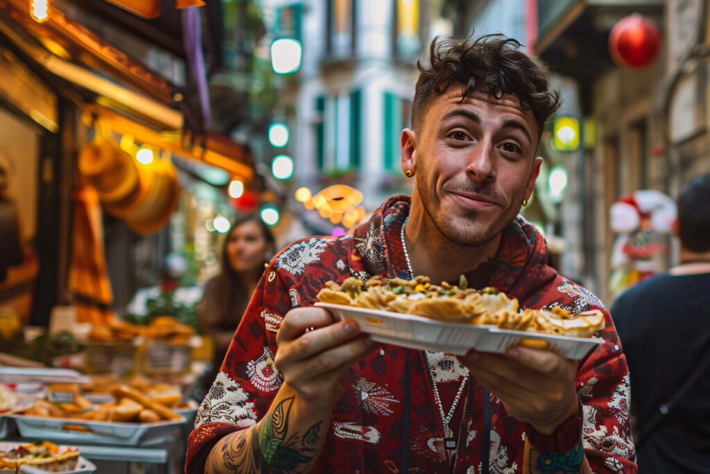 young man sharing food in the medina of rabat morocco