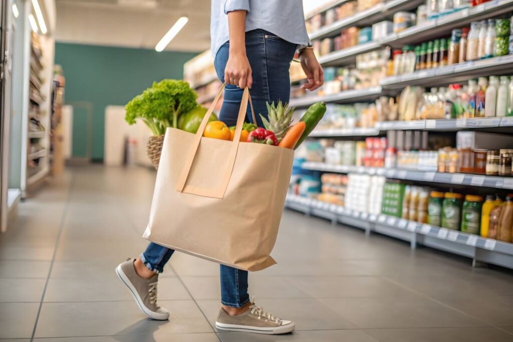 Woman carrying reusable shopping bag with fresh vegetables in Morocco supermarket promoting eco-friendly zero waste habits.