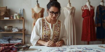 Marokkanische Designerin, die mit traditionellen Sticktechniken arbeitet und Slow-Fashion-Stücke aus nachhaltigen Materialien in einem Atelier in Marrakesch kreiert