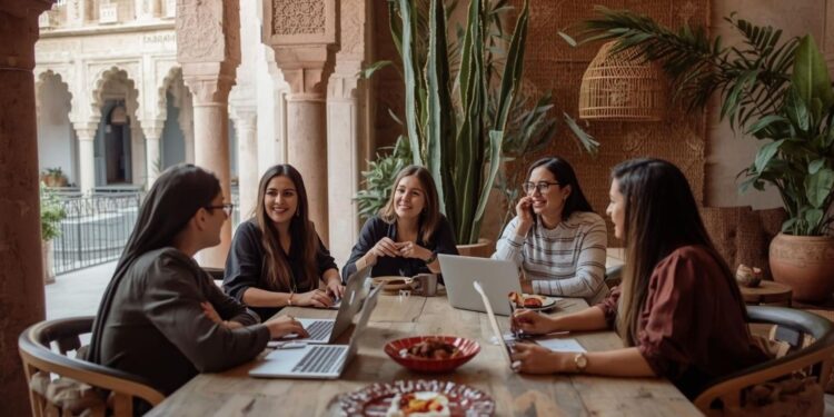 Moroccan female founders discussing innovation strategies at a startup meeting in Marrakech, showcasing entrepreneurial women driving Morocco's tech scene growth