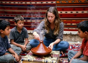 Amazigh-Gastfreundschaft - junge belgische Frau teilt Tagine mit jungen Amazigh-Jungen