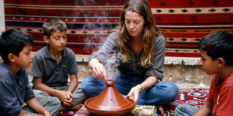 Amazigh Hospitality - young belgian woman sharing tagine with young Amazigh boys