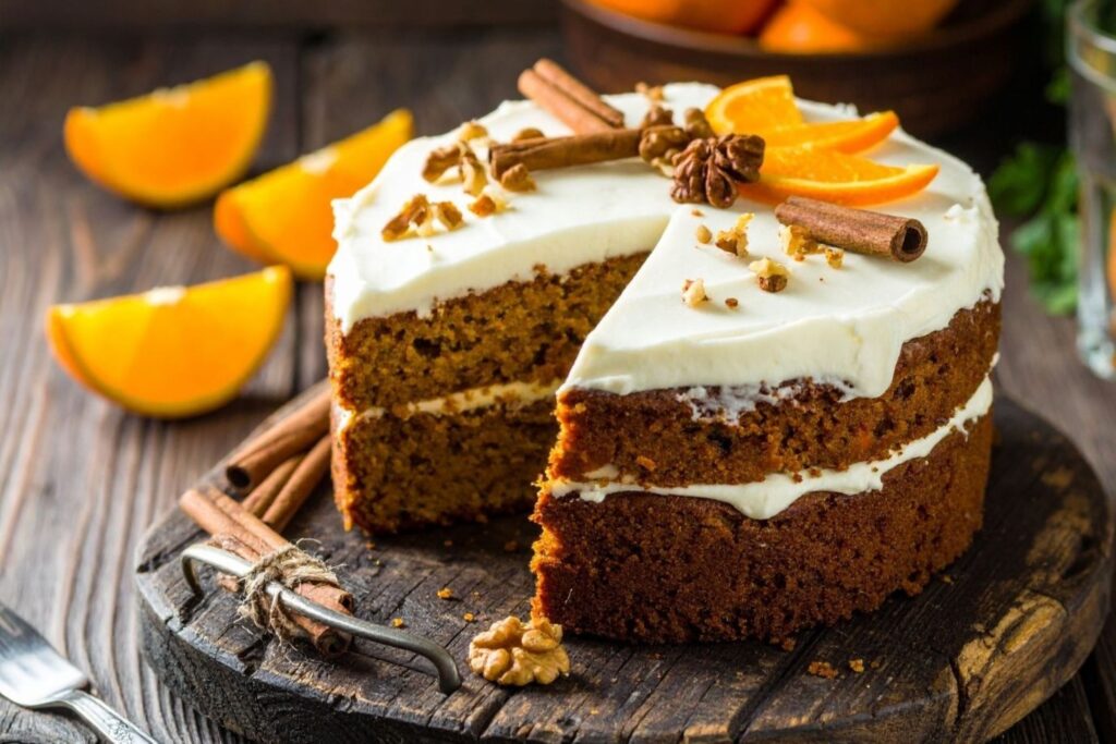 Slice of traditional Moroccan orange cake Meskouta made with fresh citrus season oranges, representing authentic recipe using natural fruit flavor without frosting for moist texture