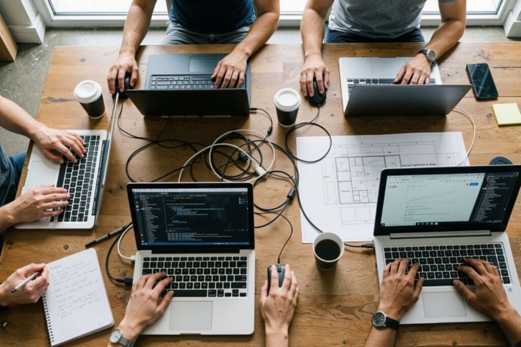 Young Moroccan software engineers collaborating on coding project demonstrating tech success through skilled professionals driving Morocco's digital transformation and contributing to growing startup ecosystem