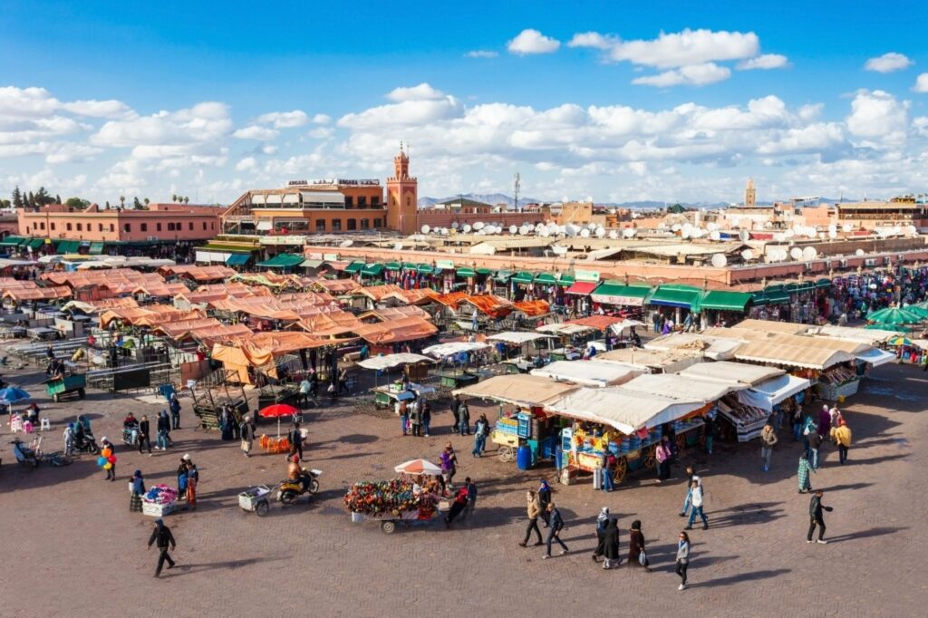 Moroccan street food at Jemaa el-Fnaa market Marrakech with traditional night food stalls
