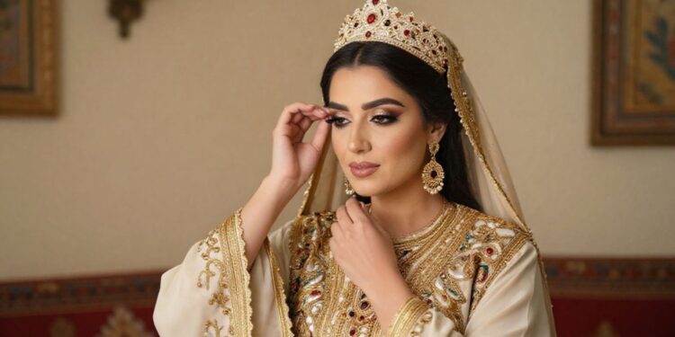 Moroccan wedding fashion featuring traditional bridal takchita with sustainable elegant design