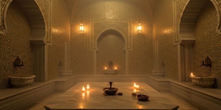 Traditionele hammam-rituelen in authentieke Marokkaanse spa met stoombad en traditionele architectuur