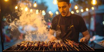 Marokkanischer Straßenverkäufer bereitet traditionelle lokale Favoriten in authentischer Marktumgebung vor