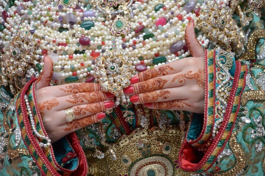 Sustainable wedding fashion Morocco with traditional bridal celebration and rental takchita options