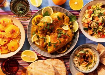 Healthy Ramadan nutrition iftar meal with dates, harira soup, and traditional Moroccan dishes