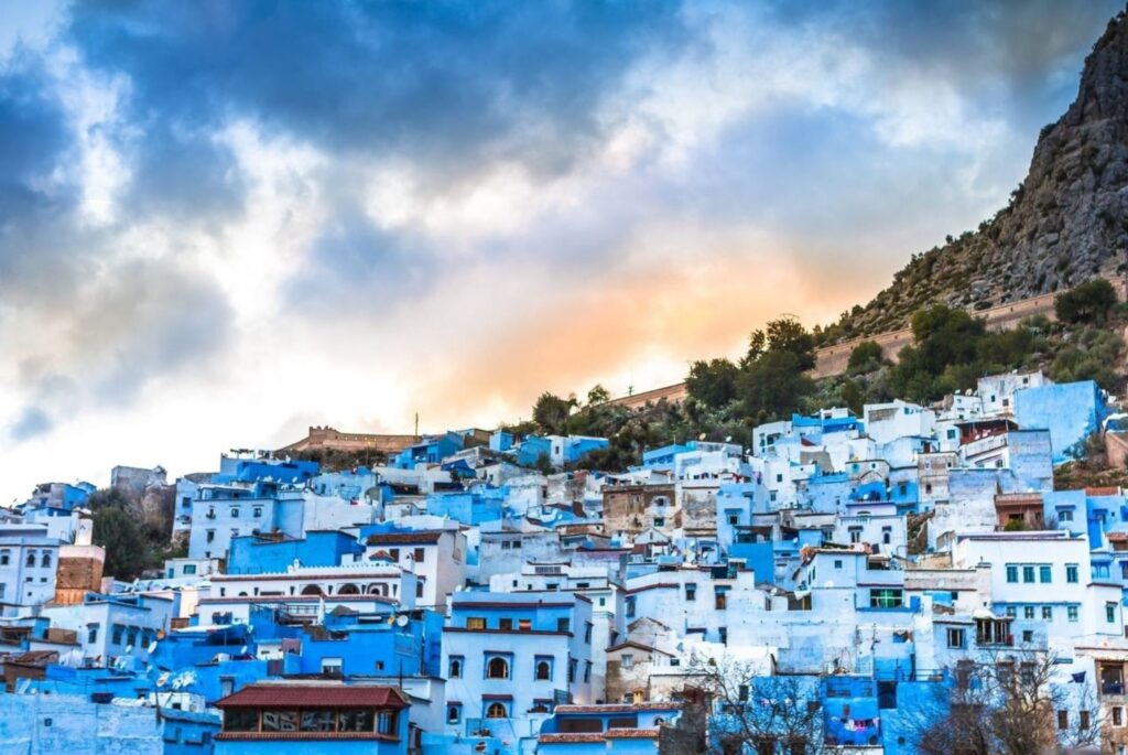 Blue city Chefchaouen panoramic photography from Spanish Mosque showing hidden Instagram spots Morocco