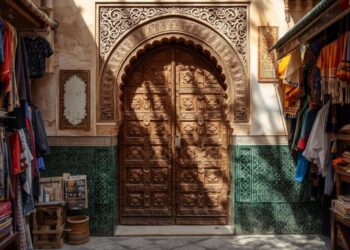 Traditionelle marokkanische Türen mit historischer Schnitzerei in der Medina zur Restaurierung und Erhaltung
