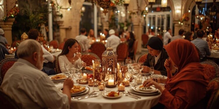 Mise de table festive dans un restaurant marocain montrant un arrangement élégant de célébration de l'Aïd al-Fitr