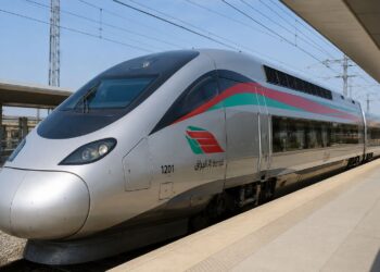 Al Boraq high speed train traveling between Tangier and Casablanca on Morocco's modern railway