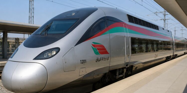 Al Boraq high speed train traveling between Tangier and Casablanca on Morocco's modern railway