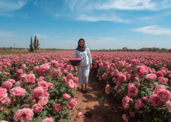 Pink Damascus rose fields in full bloom in the Valley of Roses near Kelaat M'Gouna, Morocco during the annual Rose Festival