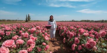 Pink Damascus rose fields in full bloom in the Valley of Roses near Kelaat M'Gouna, Morocco during the annual Rose Festival