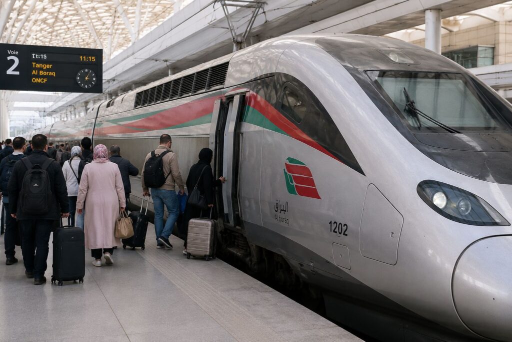 Passengers boarding Moroccos Al Boraq high speed railway service at a modern station