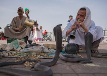 Een moeder en kind kijken samen naar straatartiesten, genietend van Marrakech-activiteiten op het beroemde Jemaa el-Fna plein