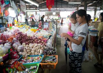 A mother and child selecting fresh vegetables together at a Moroccan souk, practicing Moroccan Arabic words for each item